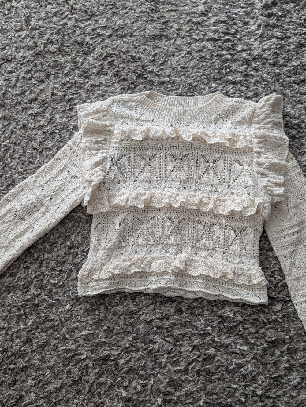 Zara Cream Crochet Knit Ruffle Sweater